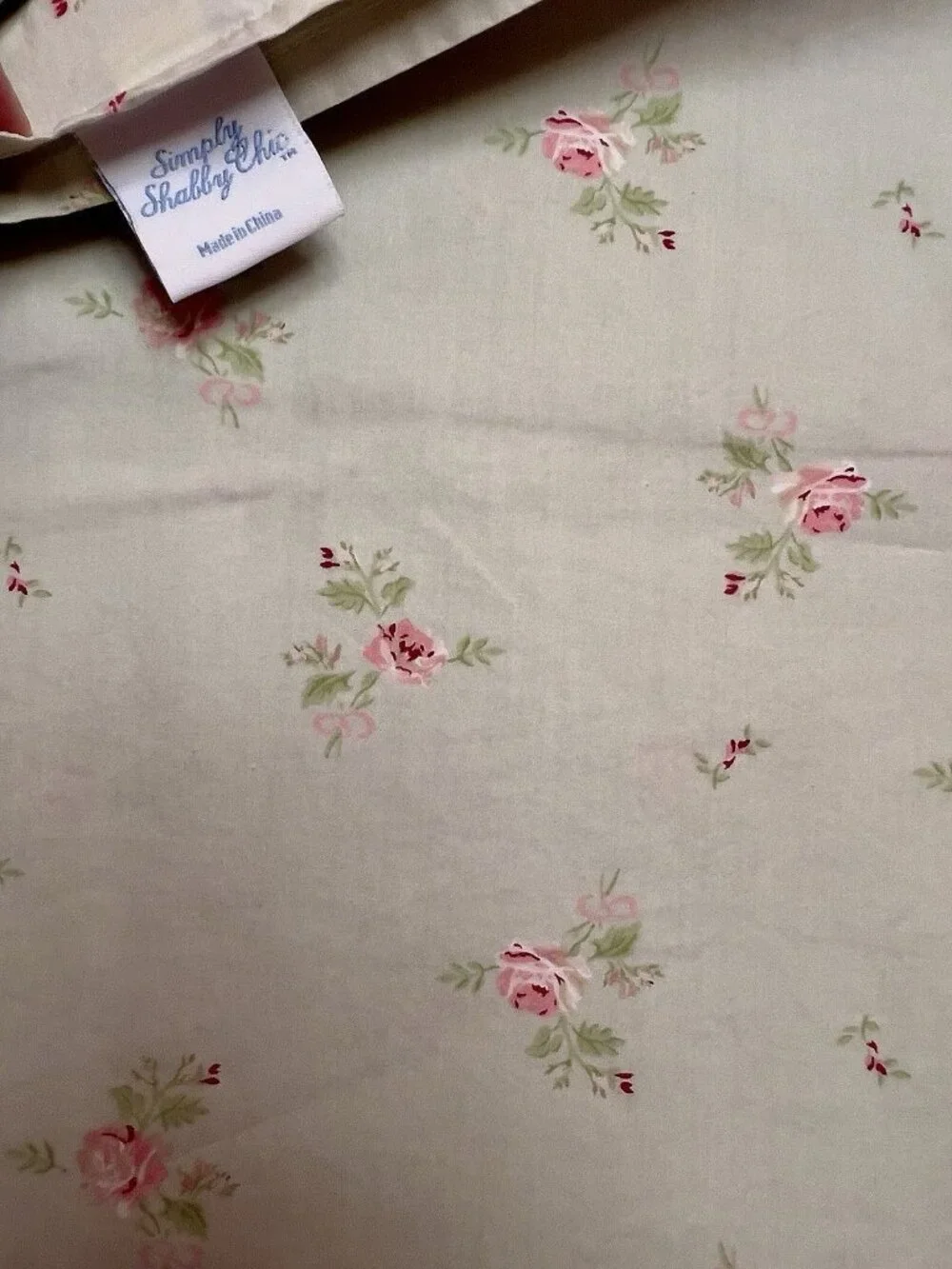 SIMPLY SHABBY CHIC TWIN Flat Sheet Pink Roses Khaki Green 100% Cotton PRISTINE